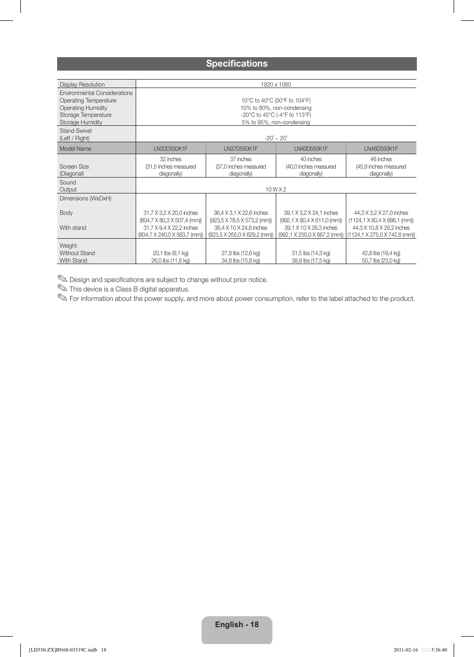 Specifications | Samsung LN40D550K1FXZA User Manual | Page 18 / 37