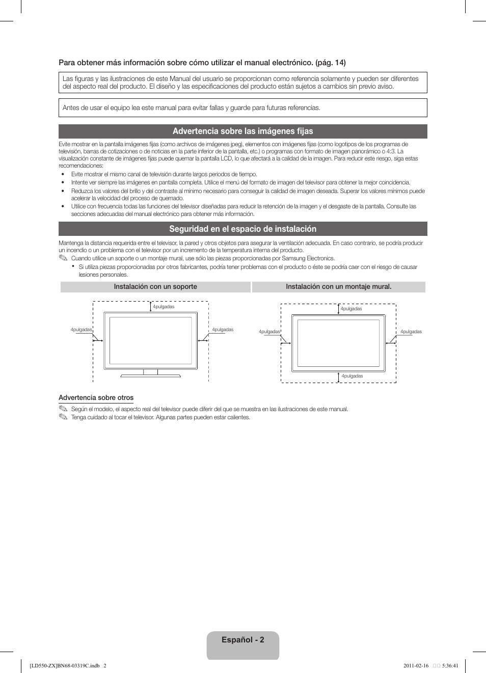 Advertencia sobre las imágenes fijas, Seguridad en el espacio de instalación | Samsung LN40D550K1FXZA User Manual | Page 20 / 37