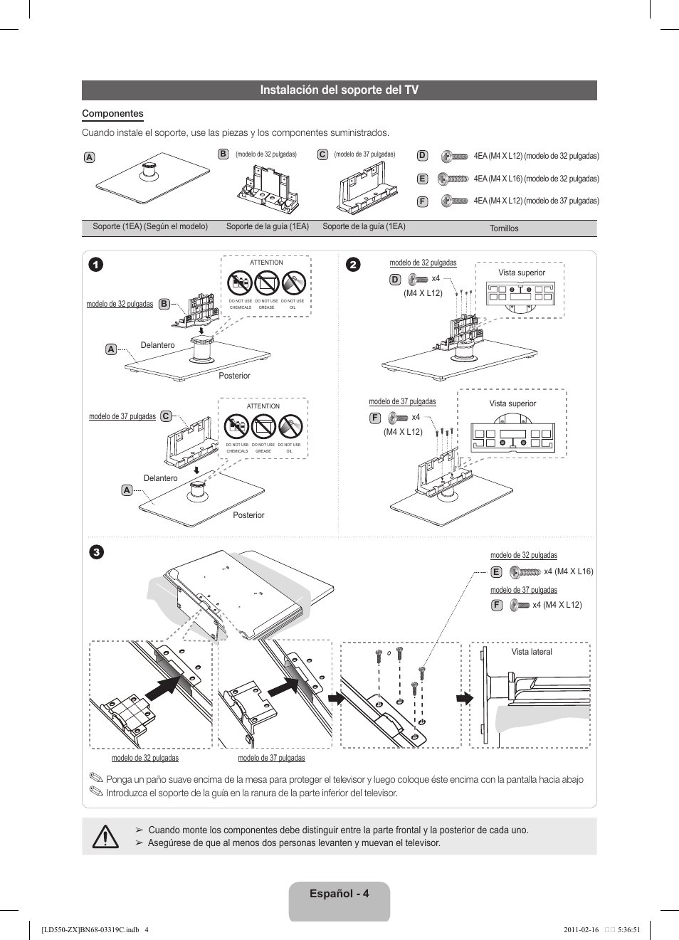 Instalación del soporte del tv, Español - 4 | Samsung LN40D550K1FXZA User Manual | Page 22 / 37