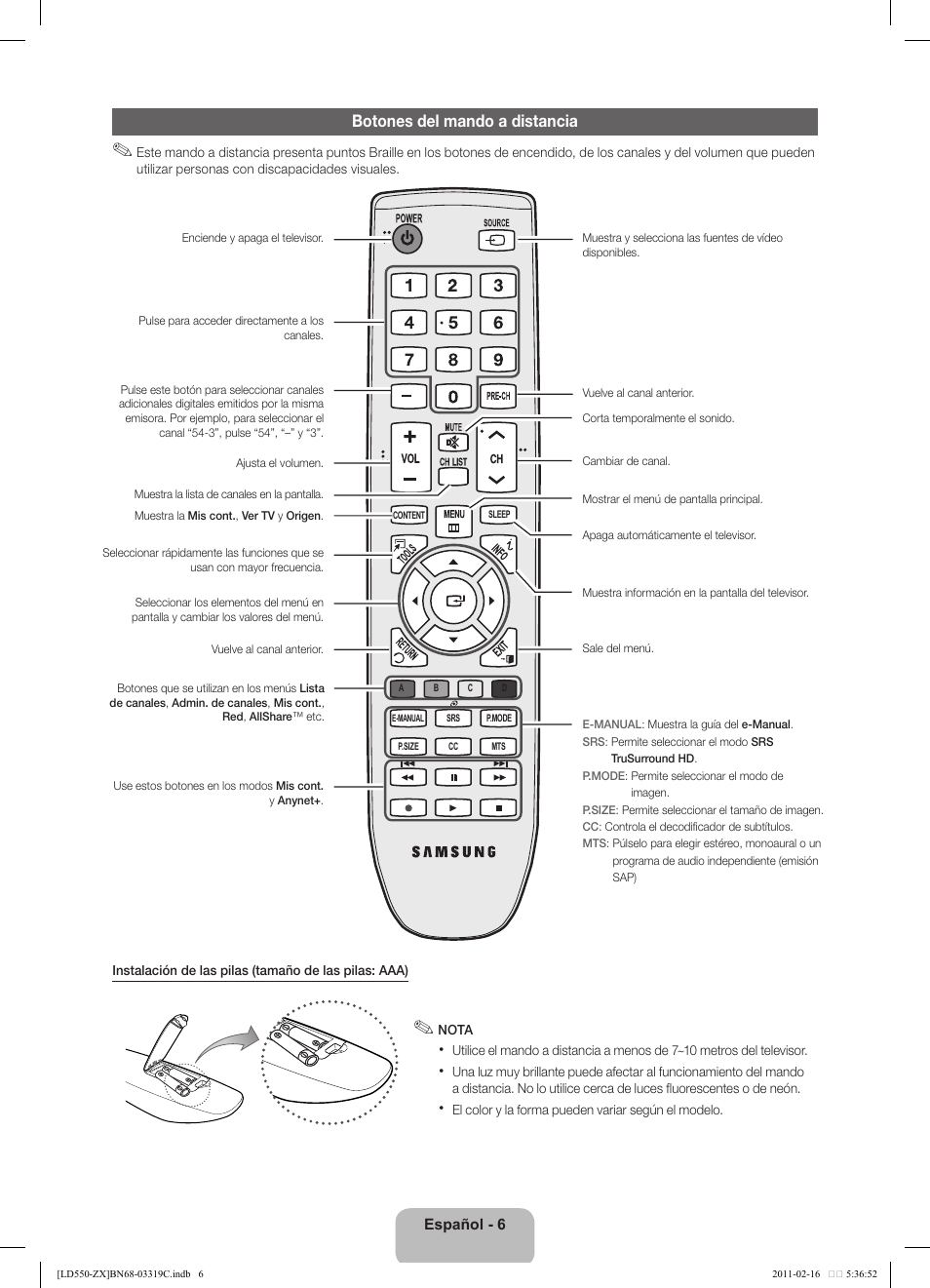 Botones del mando a distancia | Samsung LN40D550K1FXZA User Manual | Page 24 / 37
