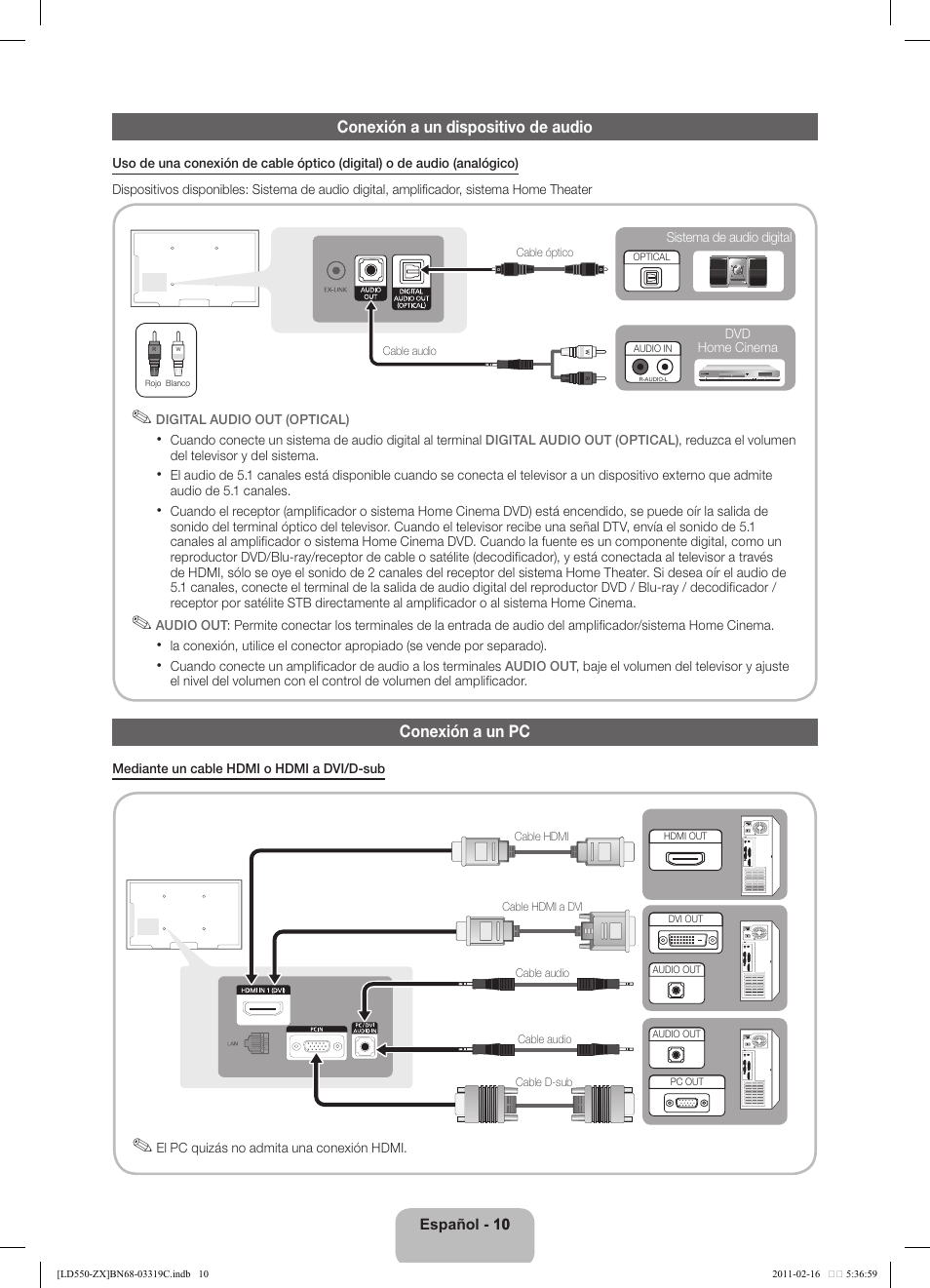 Conexión a un dispositivo de audio, Conexión a un pc, Español - 10 10 | Samsung LN40D550K1FXZA User Manual | Page 28 / 37