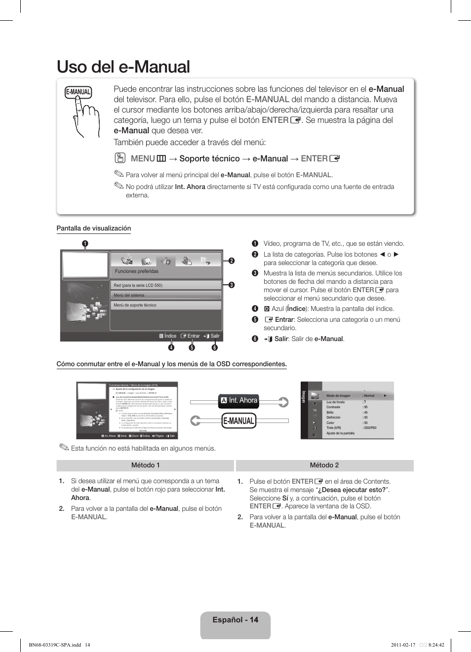 Uso del e-manual, E-manual, Menu m → soporte técnico → e-manual → enter e | Samsung LN40D550K1FXZA User Manual | Page 32 / 37