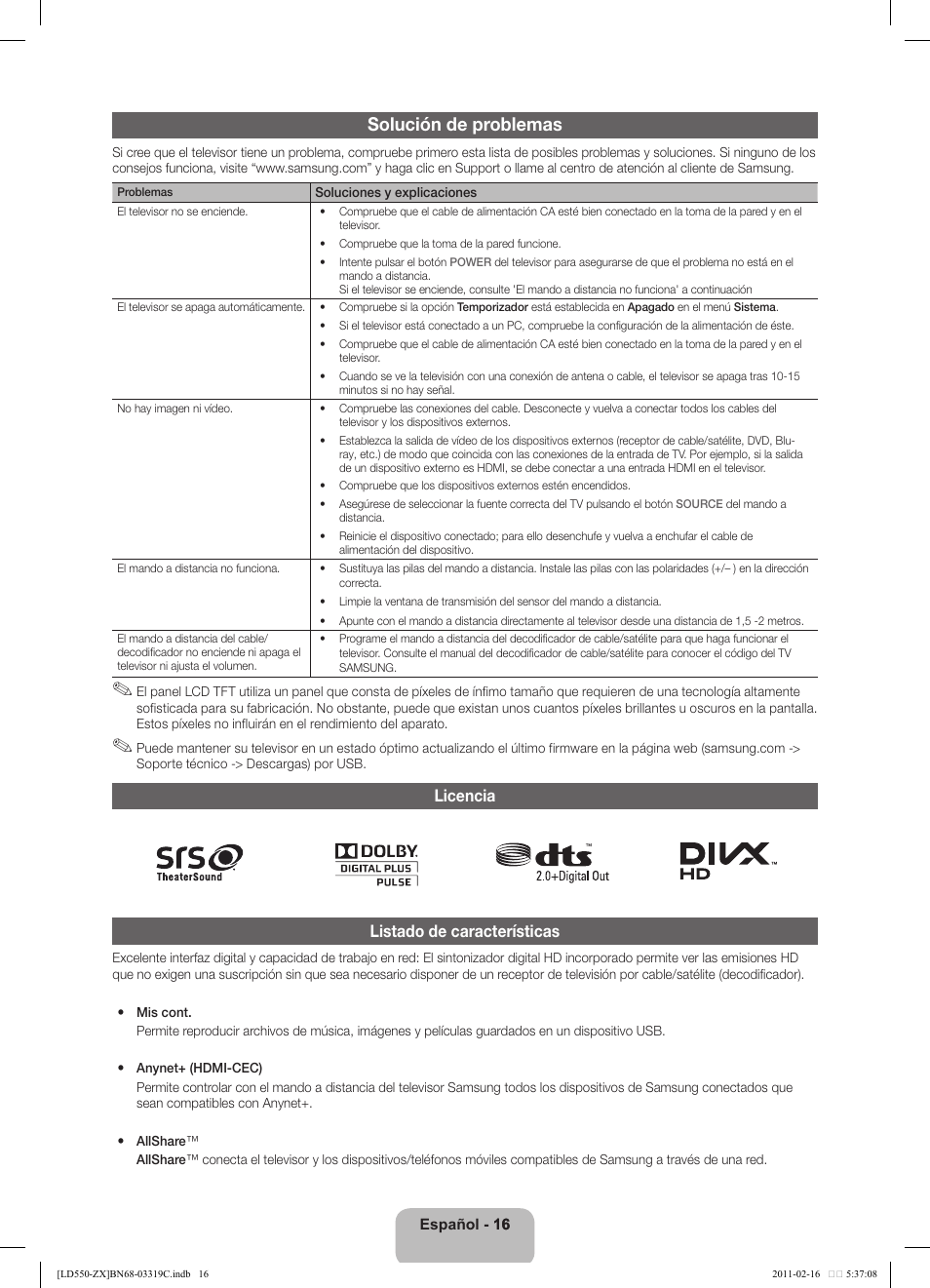 Solución de problemas, Licencia listado de características | Samsung LN40D550K1FXZA User Manual | Page 34 / 37