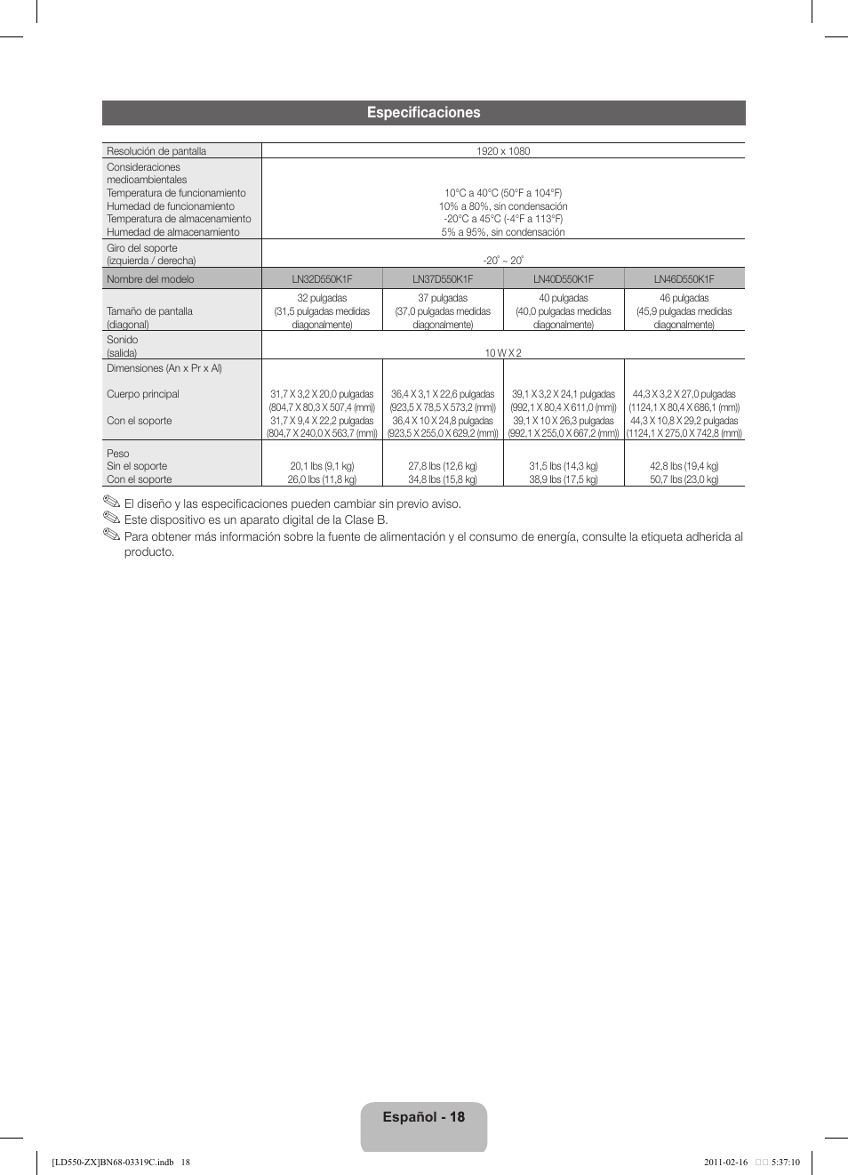 Especificaciones | Samsung LN40D550K1FXZA User Manual | Page 36 / 37