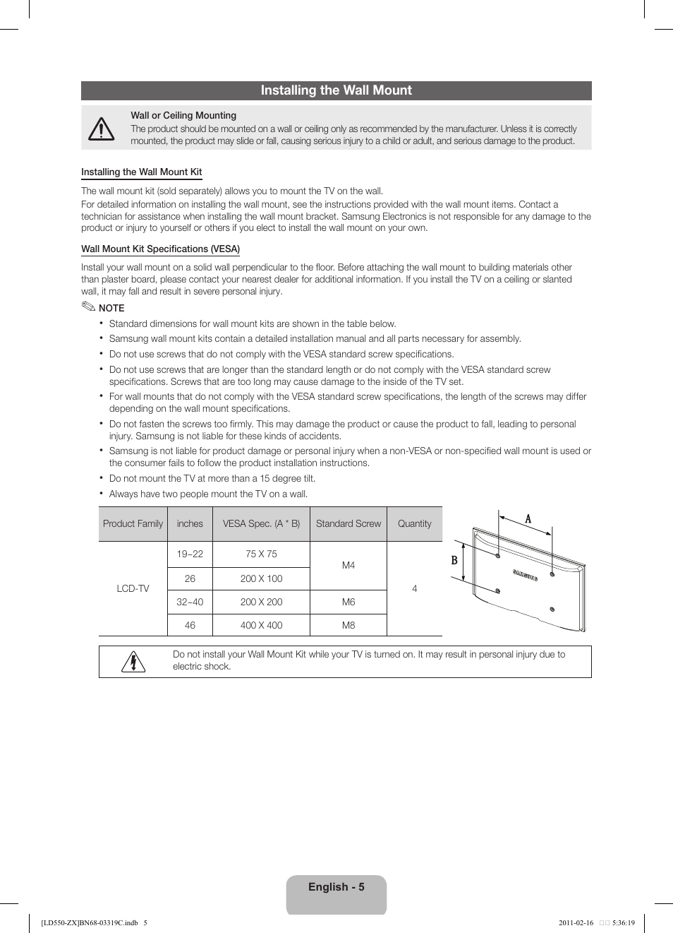 Installing the wall mount | Samsung LN40D550K1FXZA User Manual | Page 5 / 37