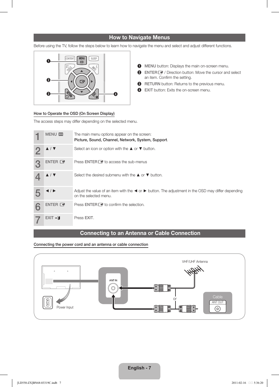 How to navigate menus, Connecting to an antenna or cable connection | Samsung LN40D550K1FXZA User Manual | Page 7 / 37