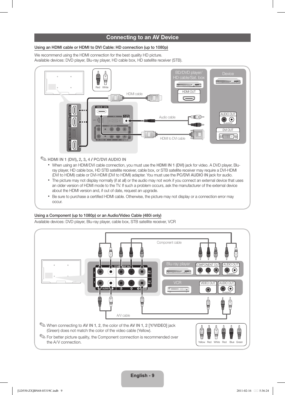 Connecting to an av device, English - 9, Hdmi in 1 (dvi) , 2 , 3 , 4 / pc/dvi audio in | Blu-ray player, Device, Bd/dvd player/ hd cable/sat. box | Samsung LN40D550K1FXZA User Manual | Page 9 / 37