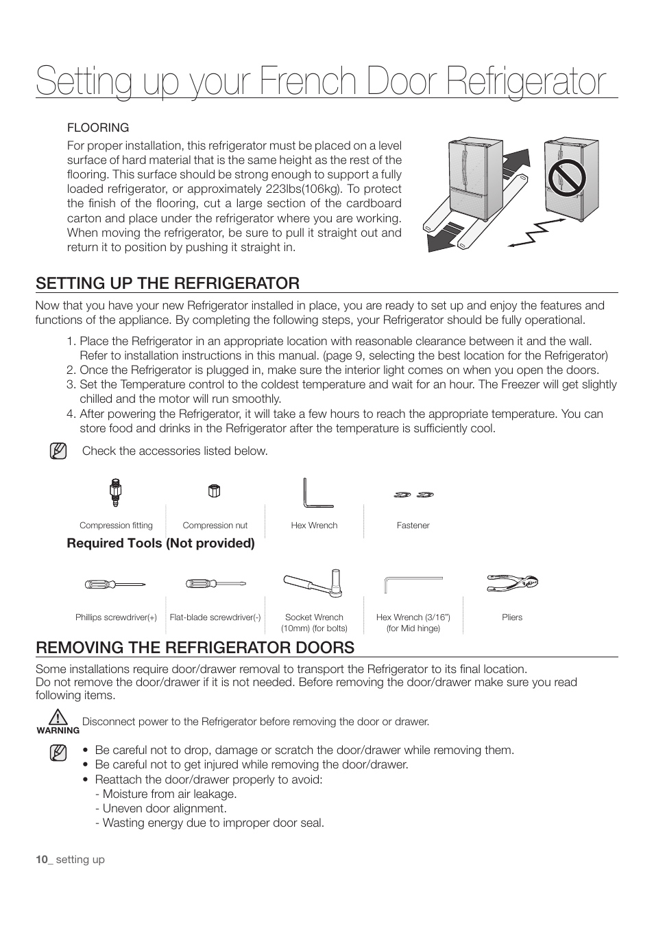 Setting up your french door refrigerator | Samsung RF197ACWP-XAA User Manual | Page 10 / 34