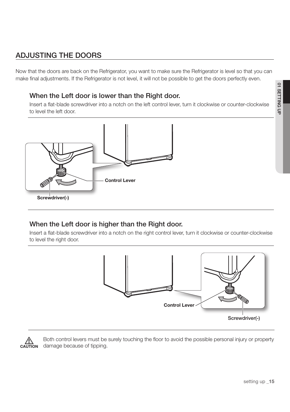 Adjusting the doors, When the left door is lower than the right door, When the left door is higher than the right door | Samsung RF197ACWP-XAA User Manual | Page 15 / 34