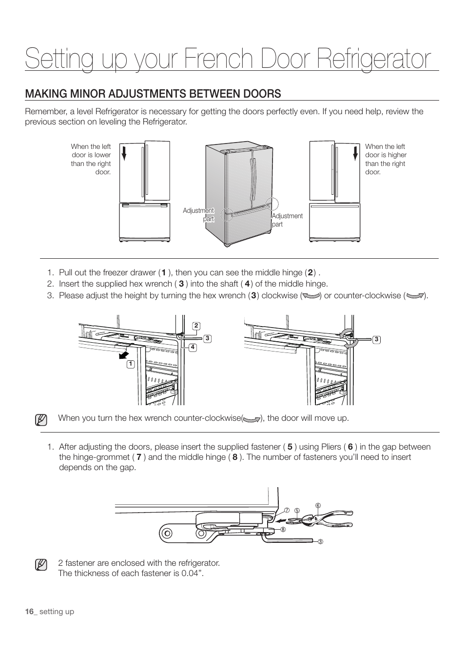 Setting up your french door refrigerator, Making minor adjustments between doors | Samsung RF197ACWP-XAA User Manual | Page 16 / 34