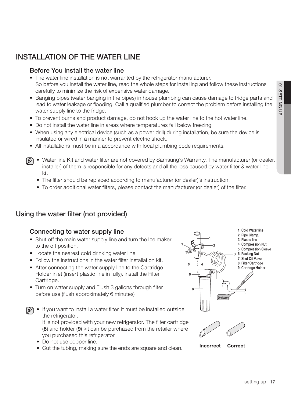 Installation of the water line, Using the water filter (not provided) | Samsung RF197ACWP-XAA User Manual | Page 17 / 34