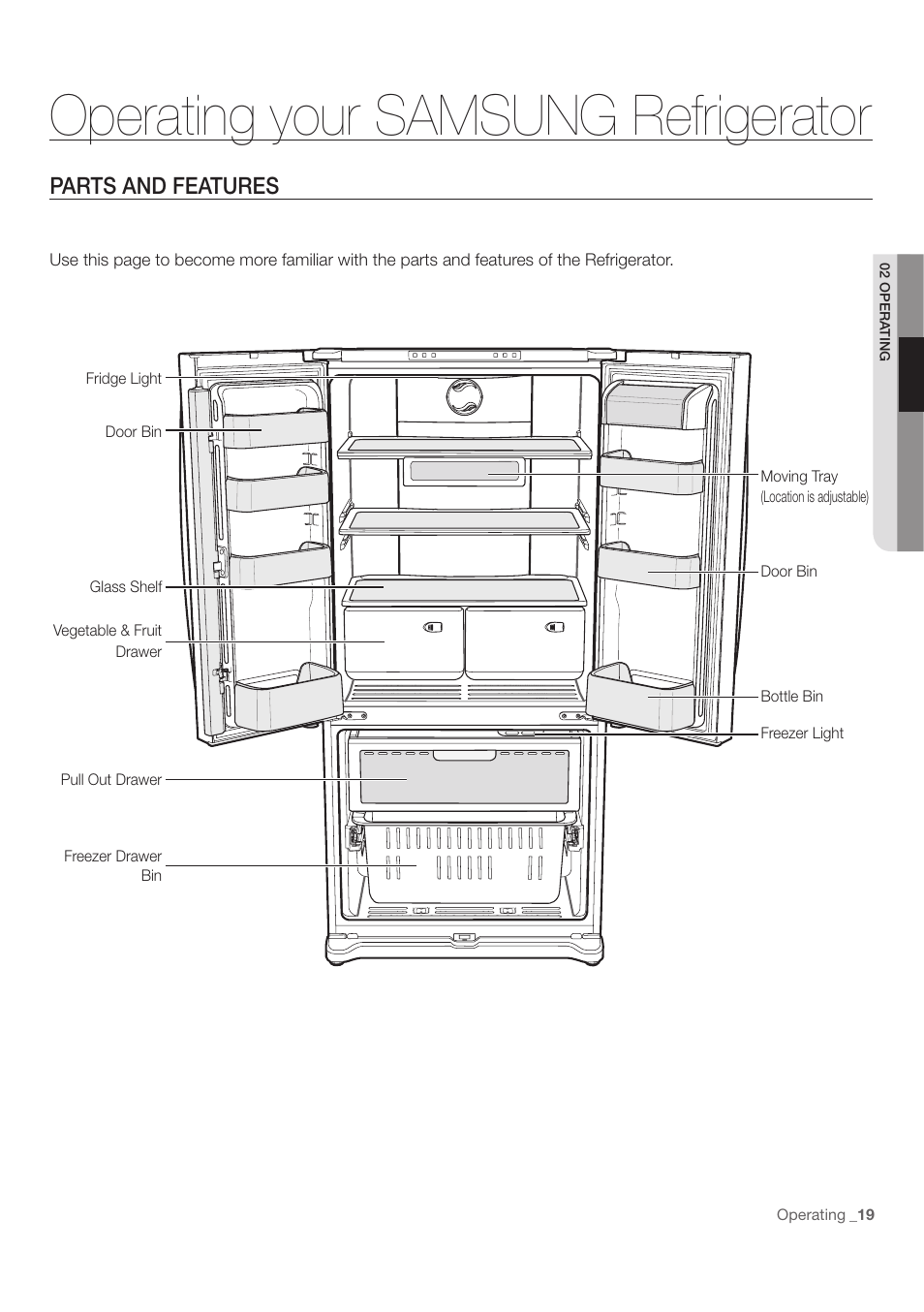 Operating your samsung refrigerator, Parts and features | Samsung RF197ACWP-XAA User Manual | Page 19 / 34