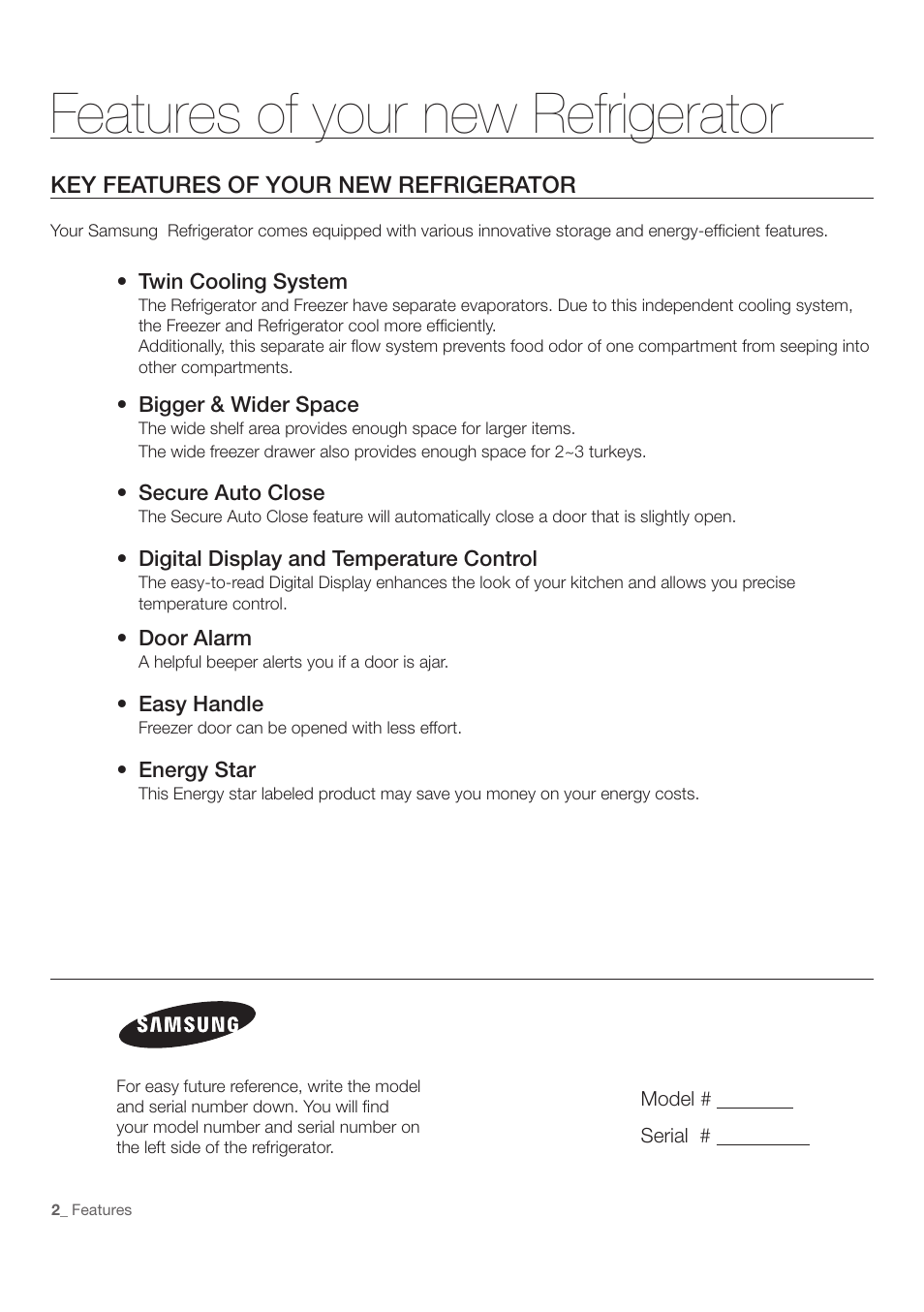 Features of your new refrigerator | Samsung RF197ACWP-XAA User Manual | Page 2 / 34