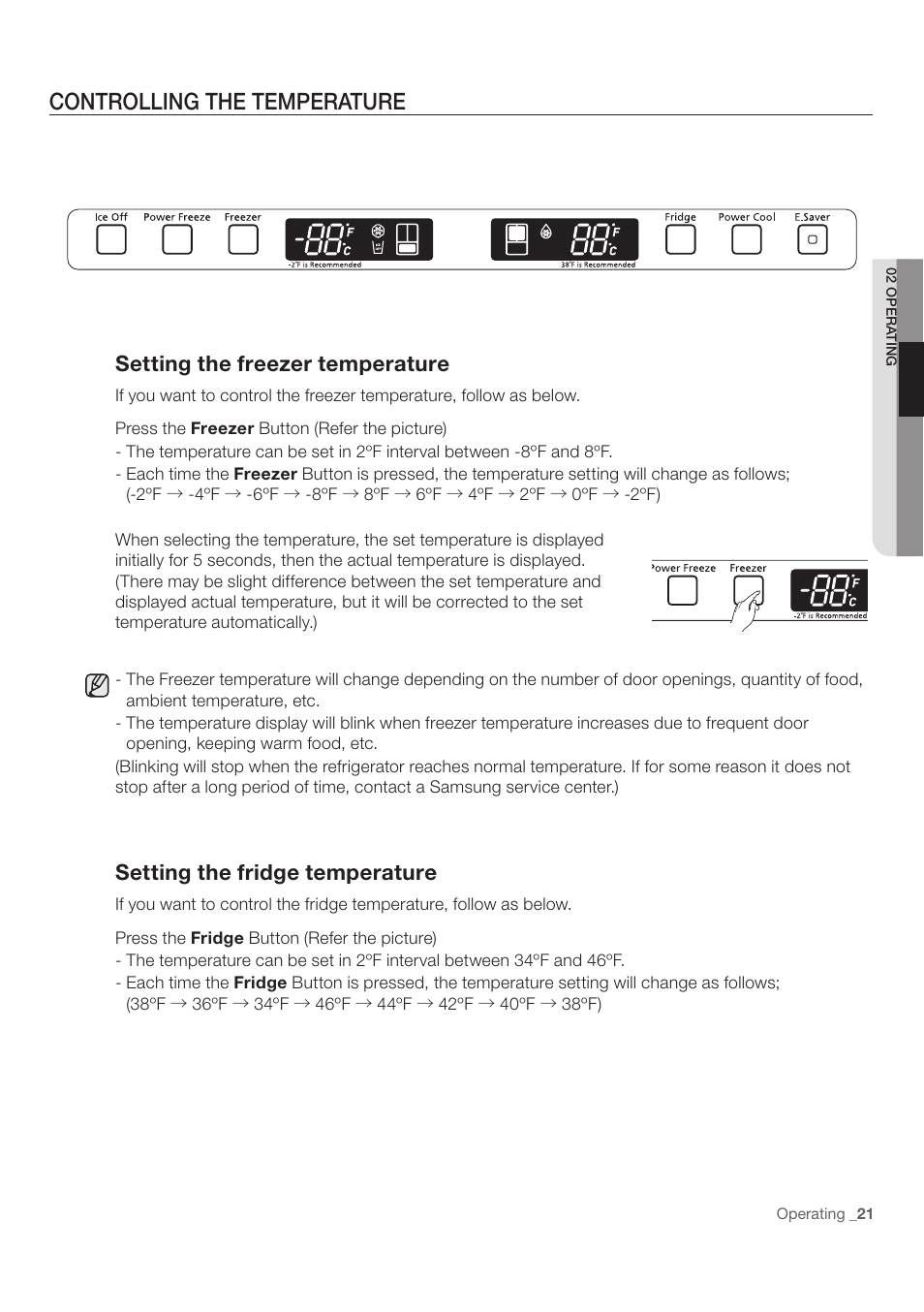 Controlling the temperature, Setting the freezer temperature, Setting the fridge temperature | Samsung RF197ACWP-XAA User Manual | Page 21 / 34