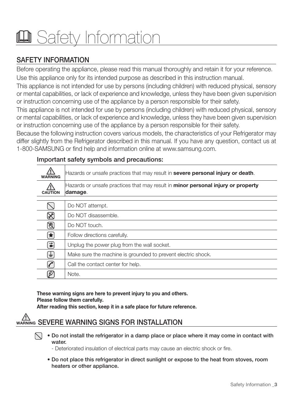 Safety information, Severe warning signs for installation | Samsung RF197ACWP-XAA User Manual | Page 3 / 34