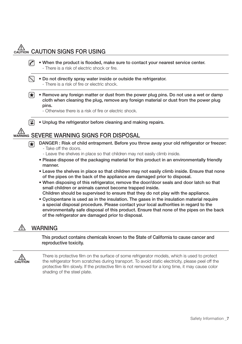 Severe warning signs for disposal, Caution signs for using, Warning | Samsung RF197ACWP-XAA User Manual | Page 7 / 34