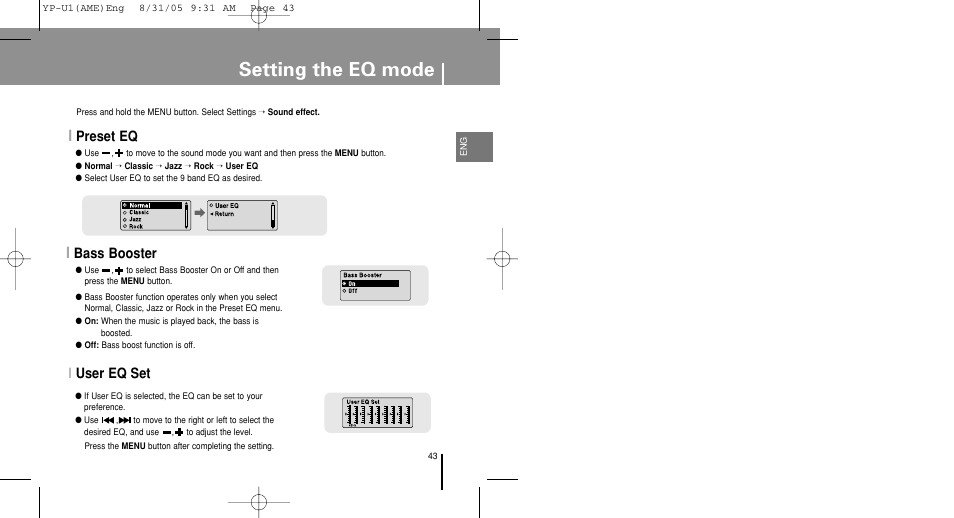 Setting the eq mode, Preset eq, Bass booster | Iuser eq set | Samsung YP-U1Z-XAP User Manual | Page 43 / 64