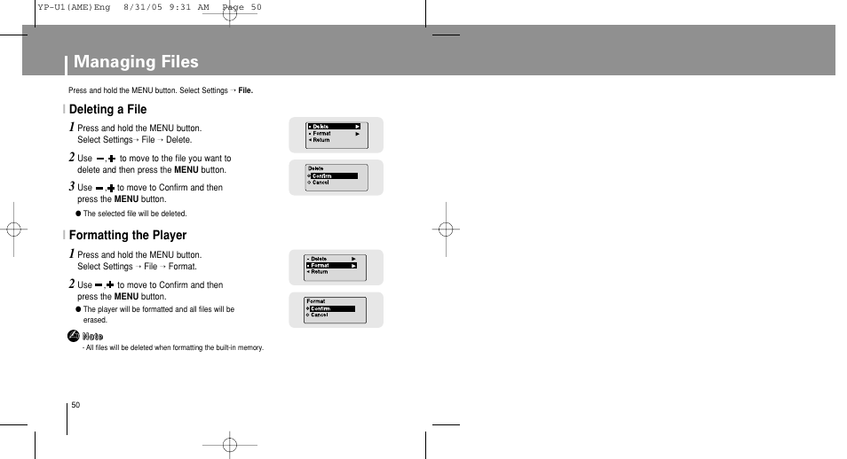 Managing files, Ideleting a file, Iformatting the player | Samsung YP-U1Z-XAP User Manual | Page 50 / 64