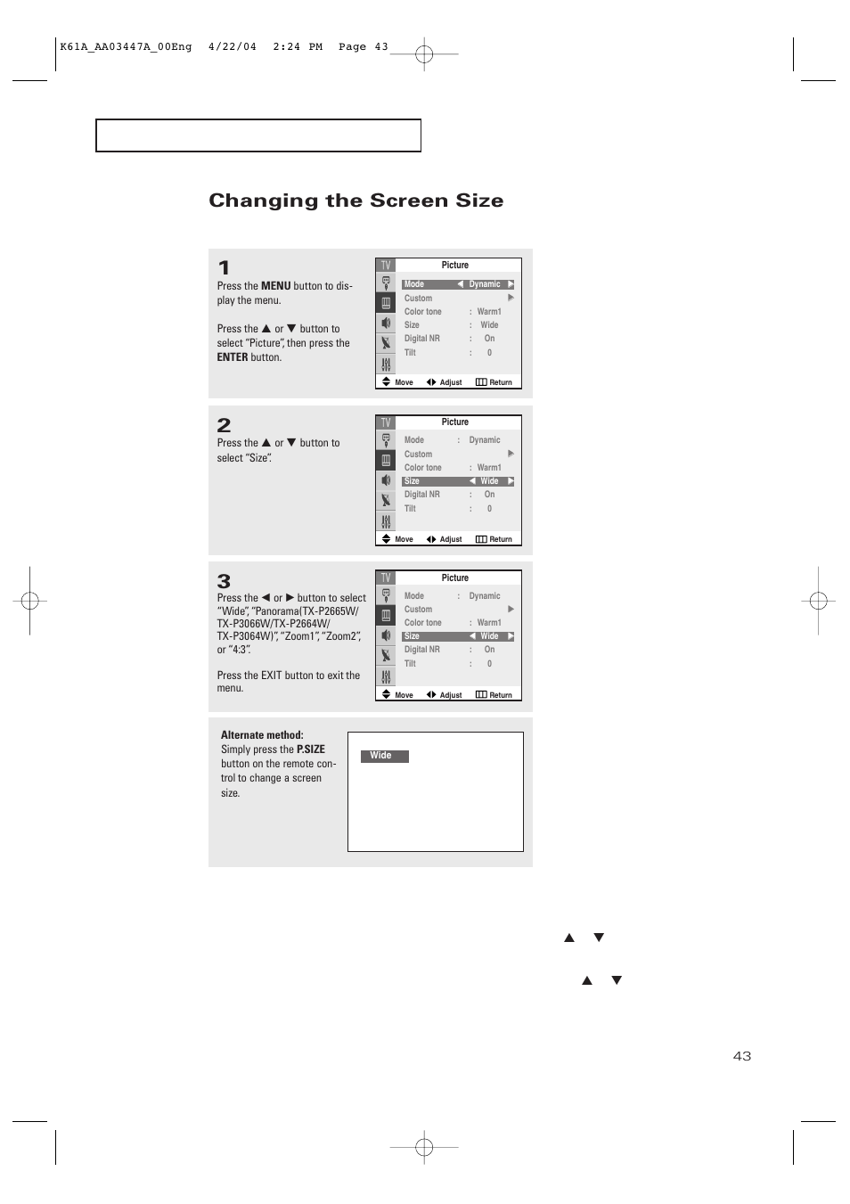 Changing the screen size | Samsung TXP2665WX-XAC User Manual | Page 43 / 68