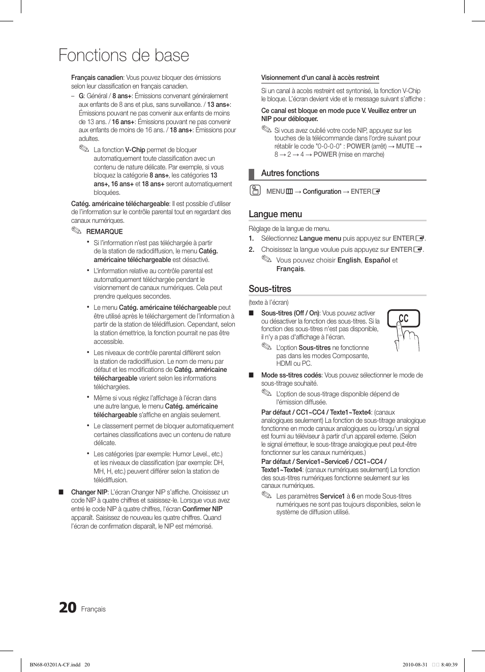 Fonctions de base | Samsung LN46C600F3FXZA User Manual | Page 120 / 151