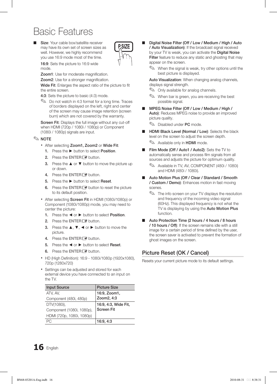 Basic features, Picture reset (ok / cancel) | Samsung LN46C600F3FXZA User Manual | Page 16 / 151