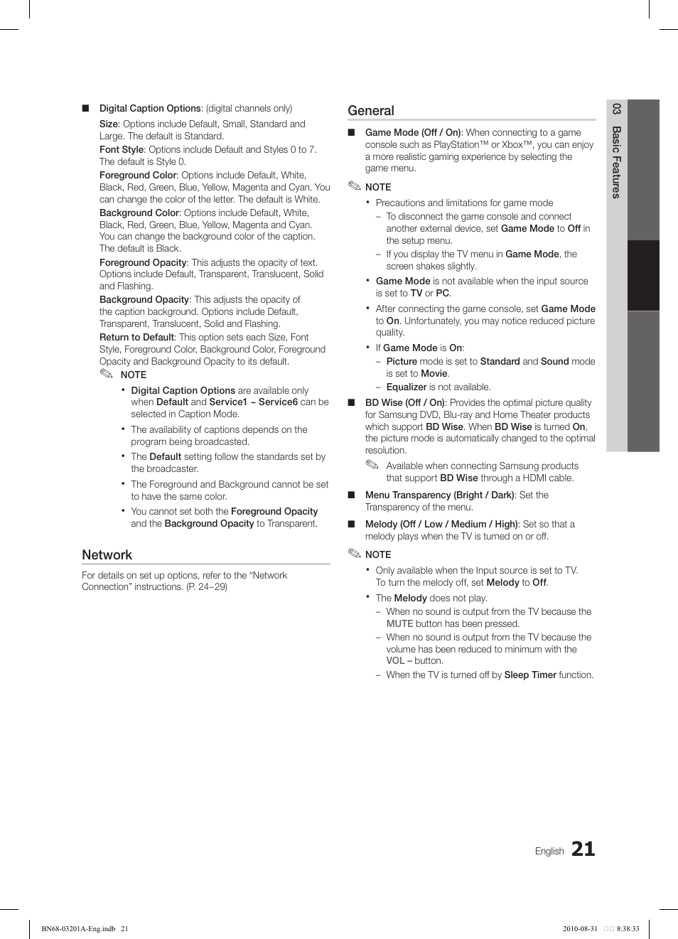 Network, General | Samsung LN46C600F3FXZA User Manual | Page 21 / 151