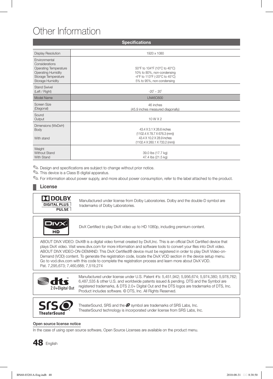 Other information | Samsung LN46C600F3FXZA User Manual | Page 48 / 151