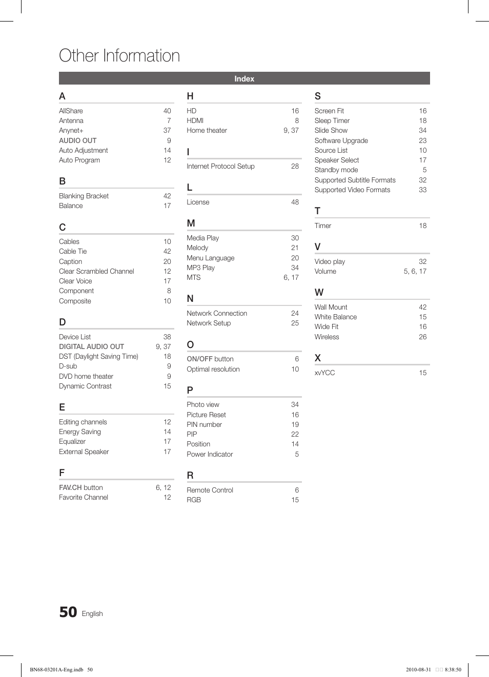Other information | Samsung LN46C600F3FXZA User Manual | Page 50 / 151