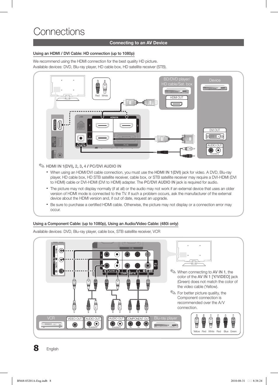 Connections, Connecting to an av device, Blu-ray player | When connecting to, Bd/dvd player/ hd cable/sat. box, English | Samsung LN46C600F3FXZA User Manual | Page 8 / 151