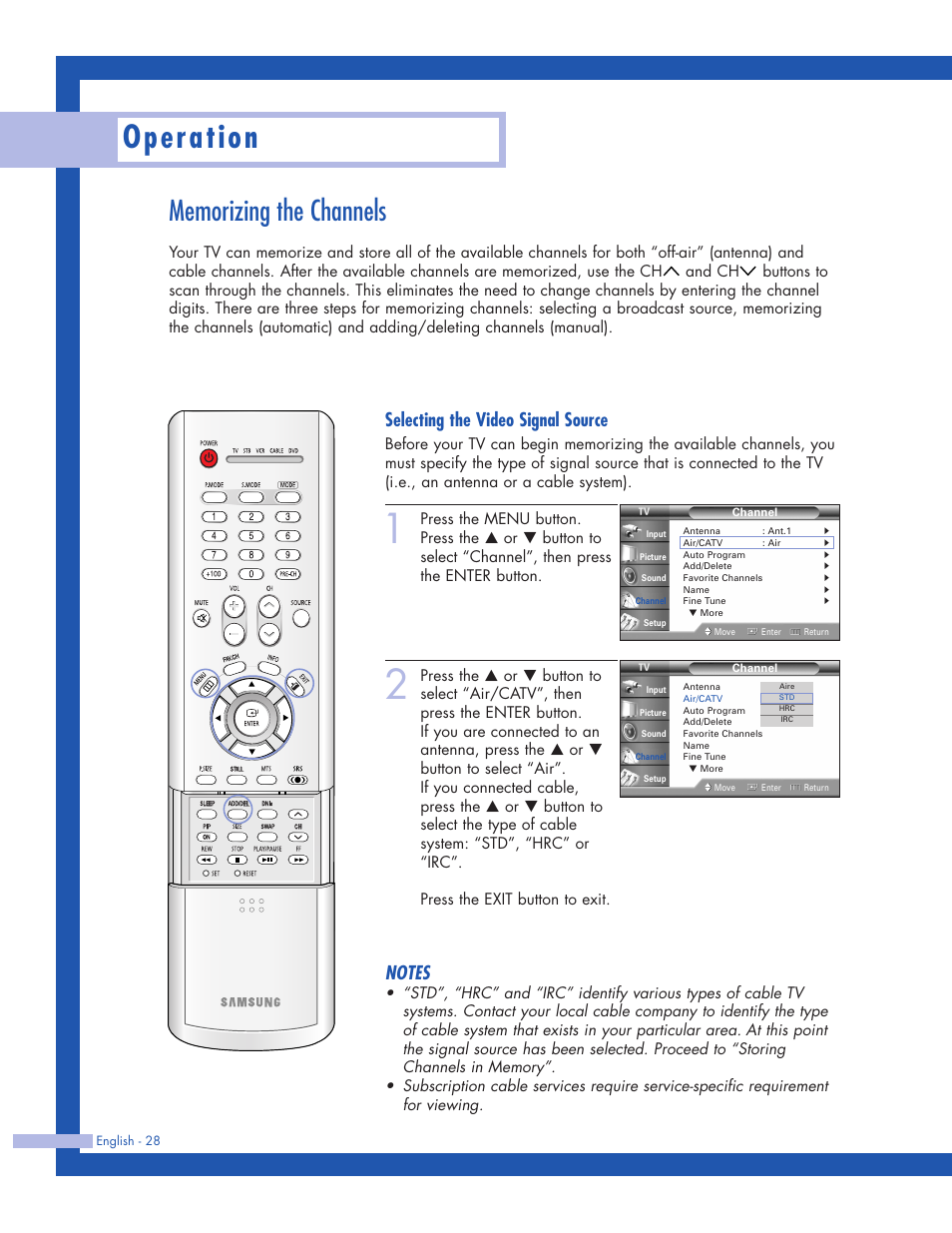 Memorizing the channels, Operation, Selecting the video signal source | Samsung HLP5063WX-XAC User Manual | Page 28 / 96