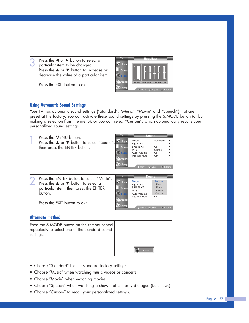 Using automatic sound settings, Alternate method | Samsung HLP5063WX-XAC User Manual | Page 37 / 96