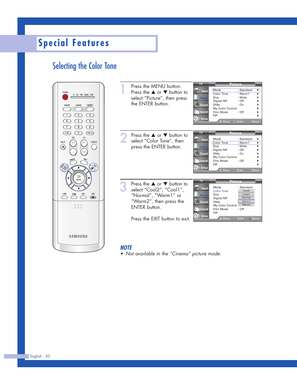 Selecting the color tone, Special features, Not available in the “cinema” picture mode | Samsung HLP5063WX-XAC User Manual | Page 50 / 96