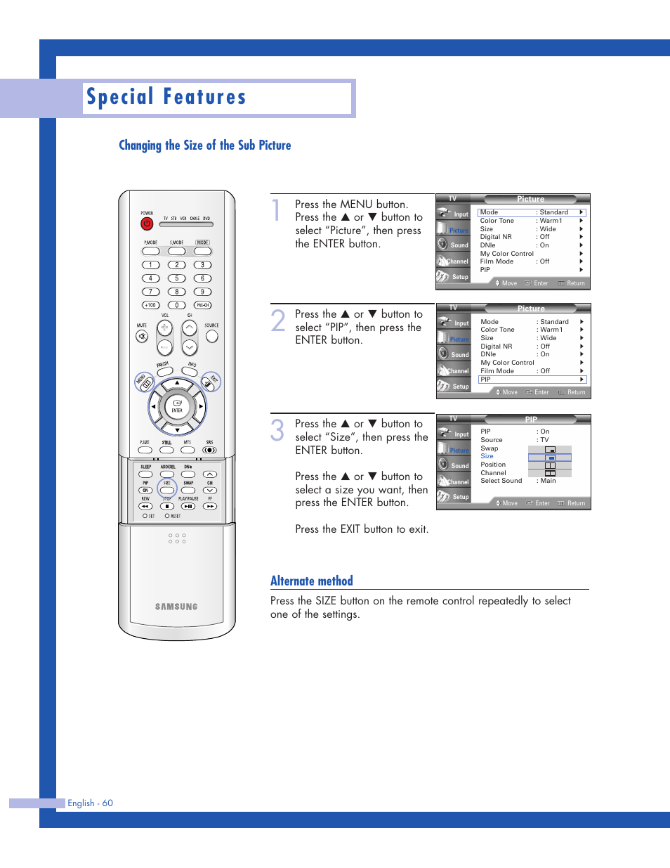 Changing the size of the sub picture, Special features, Alternate method | Samsung HLP5063WX-XAC User Manual | Page 60 / 96
