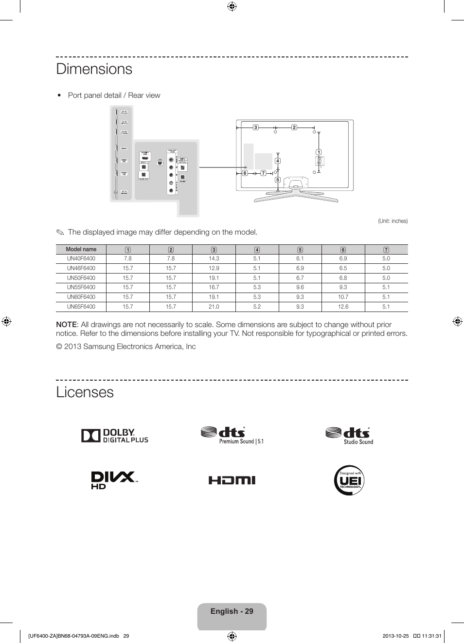 Dimensions, Licenses | Samsung UN55F6400AFXZA User Manual | Page 29 / 34