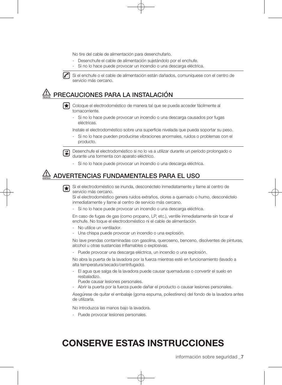 Conserve estas instrucciones, Precauciones para la instalación, Advertencias fundamentales para el uso | Samsung WF433BTGJWR-A2 User Manual | Page 103 / 144
