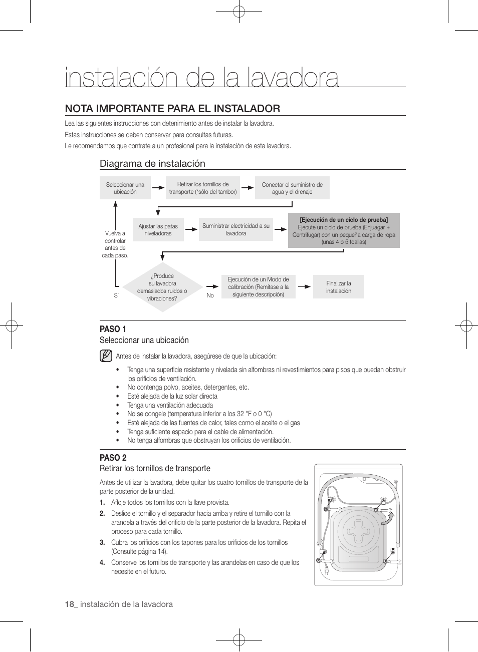 Instalación de la lavadora, Nota importante para el instalador, Diagrama de instalación | Samsung WF433BTGJWR-A2 User Manual | Page 114 / 144