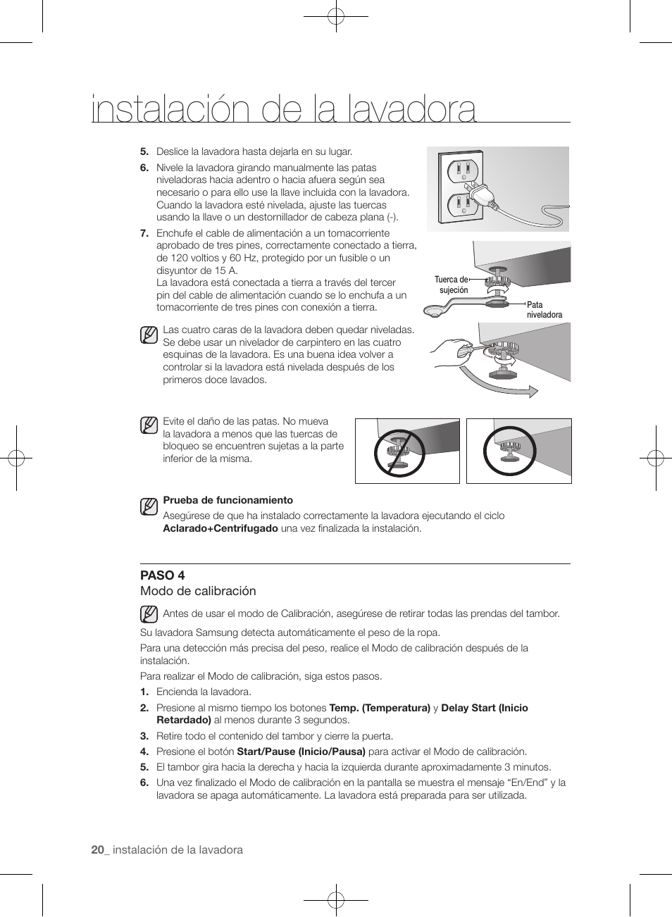 Instalación de la lavadora | Samsung WF433BTGJWR-A2 User Manual | Page 116 / 144