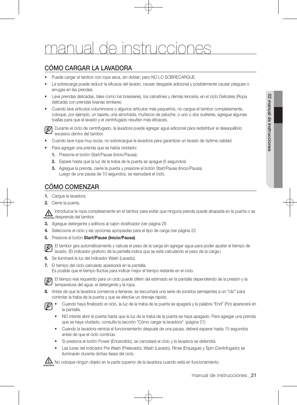 Manual de instrucciones, Cómo cargar la lavadora, Cómo comenzar | Samsung WF433BTGJWR-A2 User Manual | Page 117 / 144
