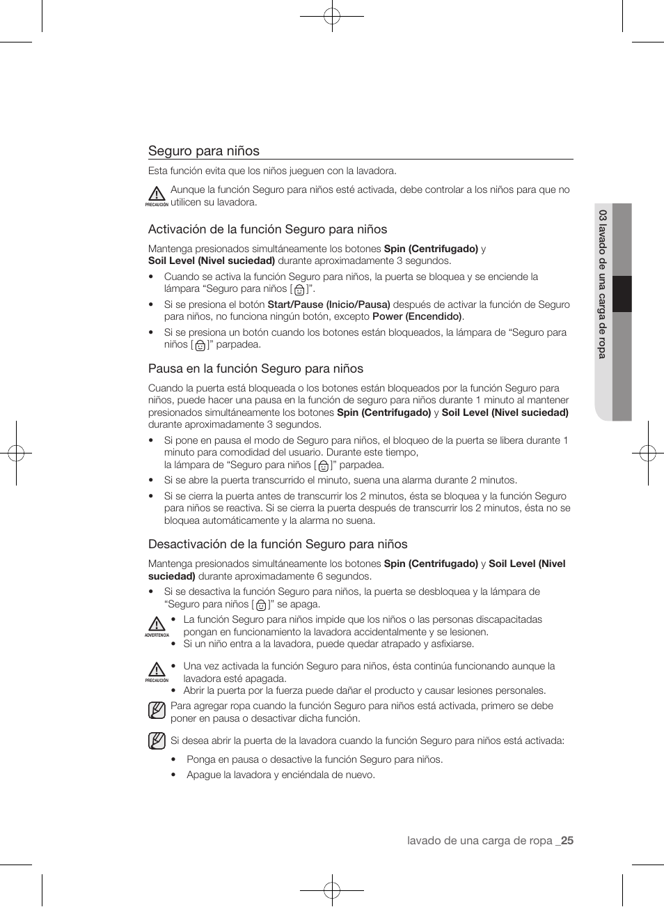 Seguro para niños | Samsung WF433BTGJWR-A2 User Manual | Page 121 / 144
