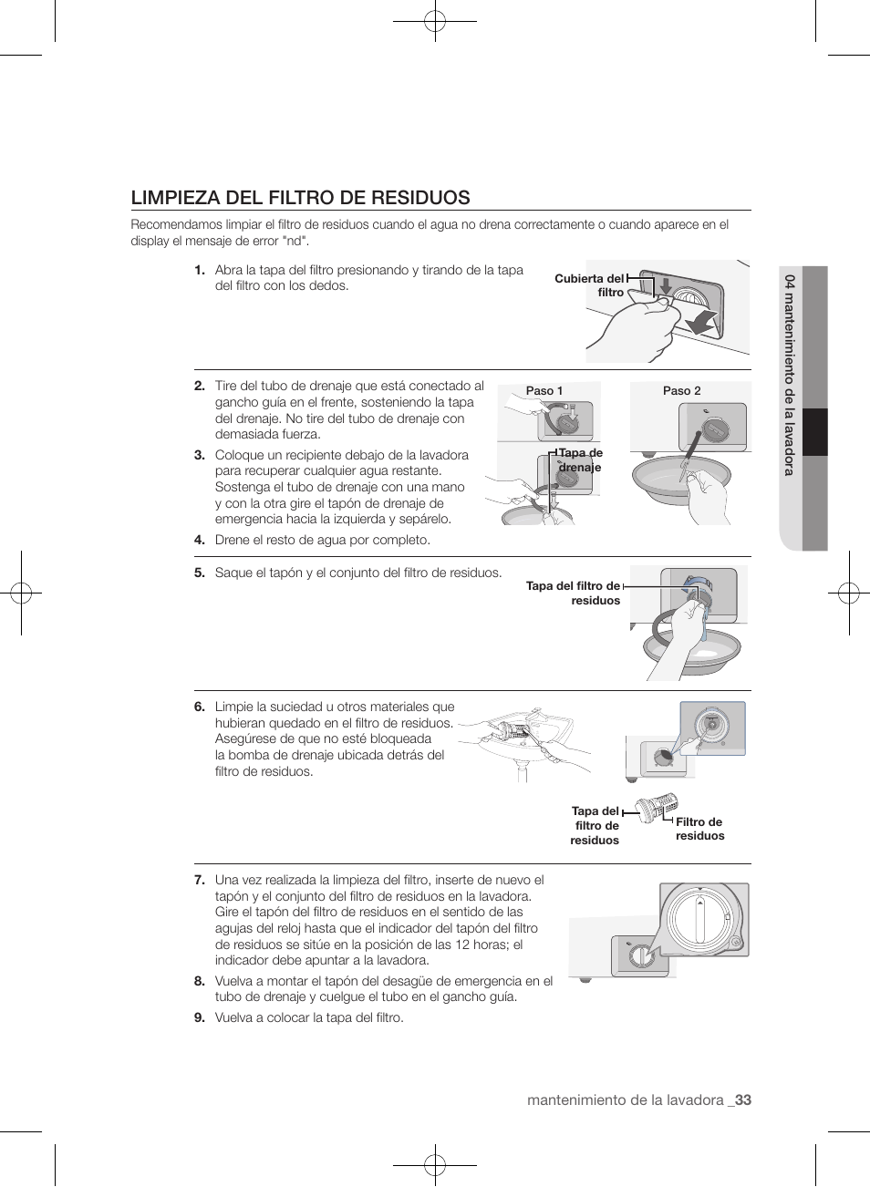 Limpieza del filtro de residuos | Samsung WF433BTGJWR-A2 User Manual | Page 129 / 144