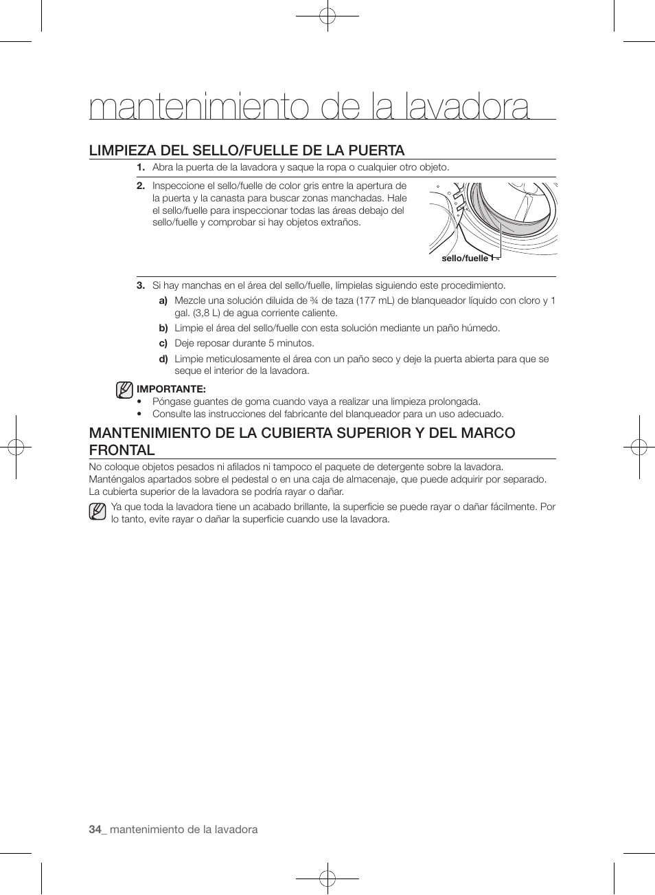 Mantenimiento de la lavadora, Limpieza del sello/fuelle de la puerta | Samsung WF433BTGJWR-A2 User Manual | Page 130 / 144