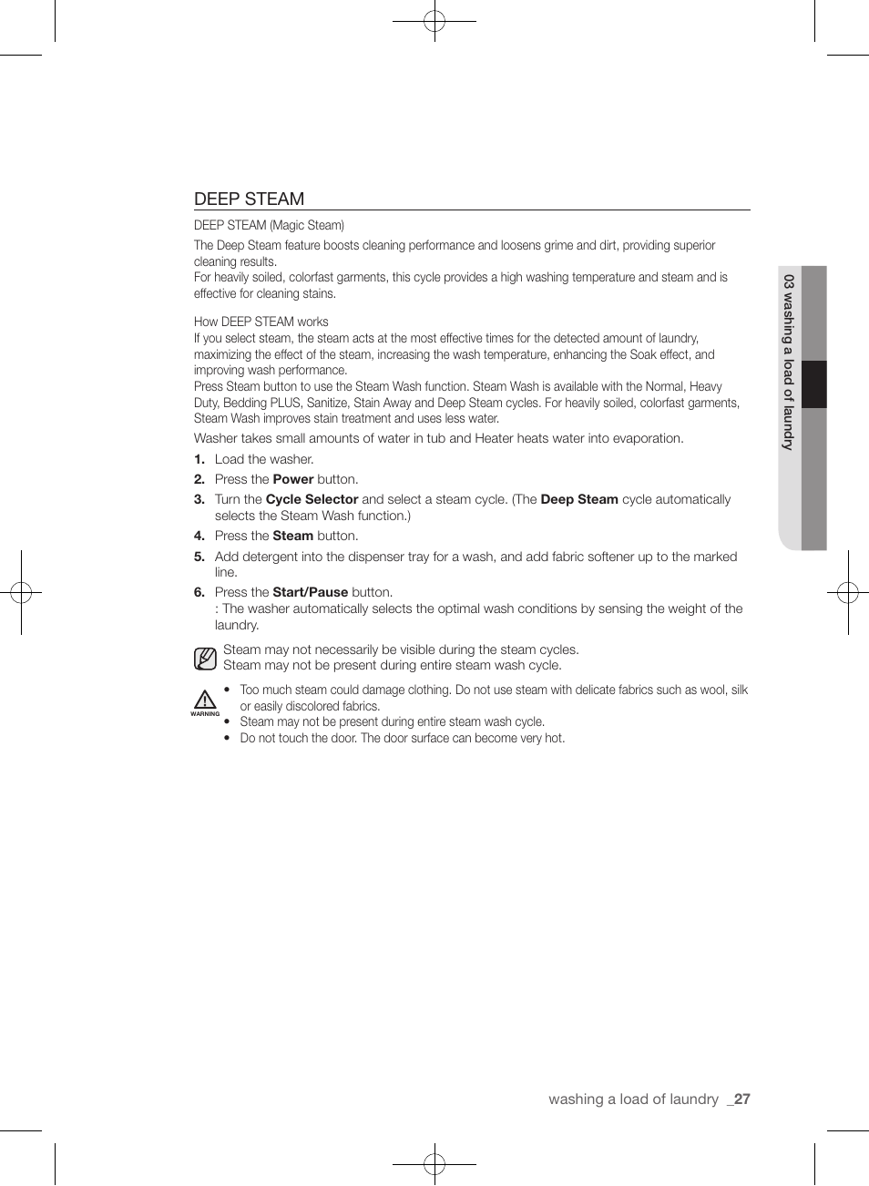 Deep steam | Samsung WF433BTGJWR-A2 User Manual | Page 27 / 144