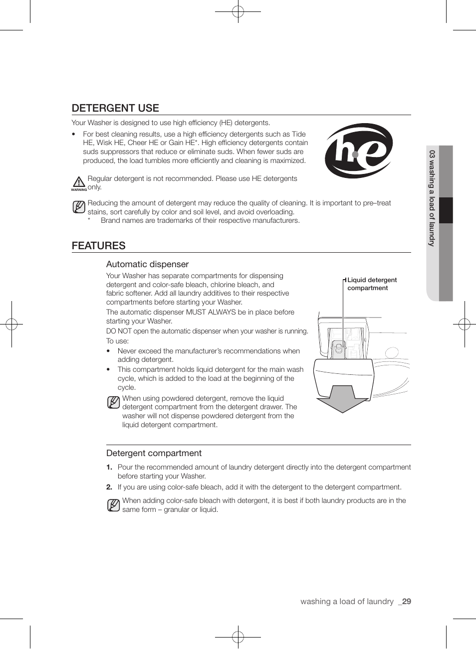 Detergent use, Features | Samsung WF433BTGJWR-A2 User Manual | Page 29 / 144