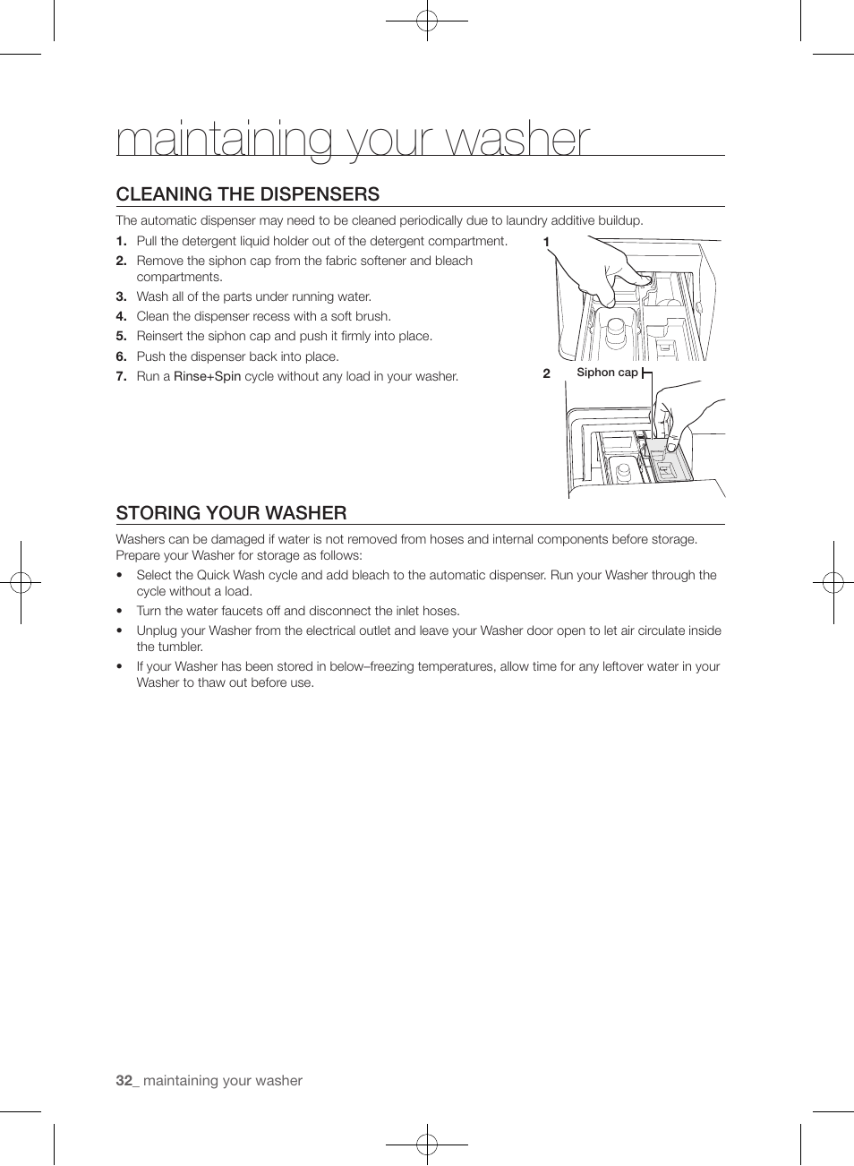 Maintaining your washer, Cleaning the dispensers, Storing your washer | Samsung WF433BTGJWR-A2 User Manual | Page 32 / 144