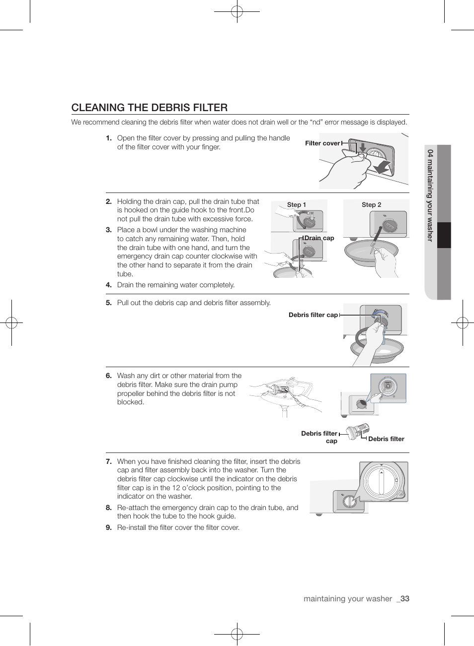 Cleaning the debris filter | Samsung WF433BTGJWR-A2 User Manual | Page 33 / 144