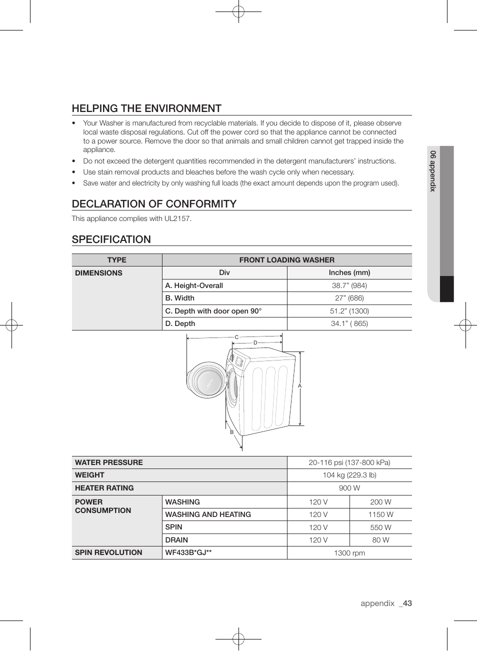 Helping the environment, Declaration of conformity, Specification | Samsung WF433BTGJWR-A2 User Manual | Page 43 / 144