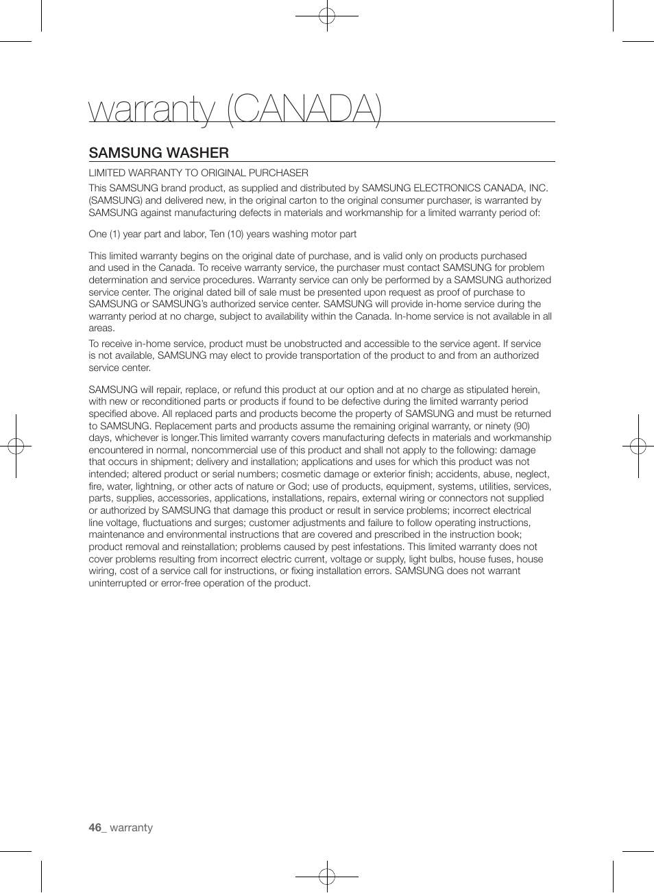 Warranty (canada) | Samsung WF433BTGJWR-A2 User Manual | Page 46 / 144