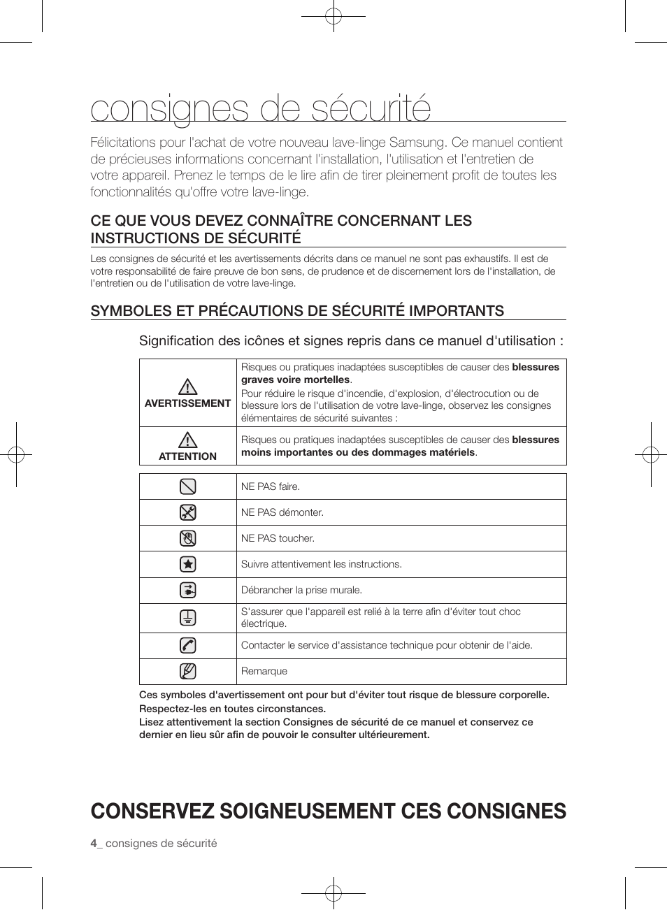 Consignes de sécurité, Conservez soigneusement ces consignes, Symboles et précautions de sécurité importants | Samsung WF433BTGJWR-A2 User Manual | Page 52 / 144