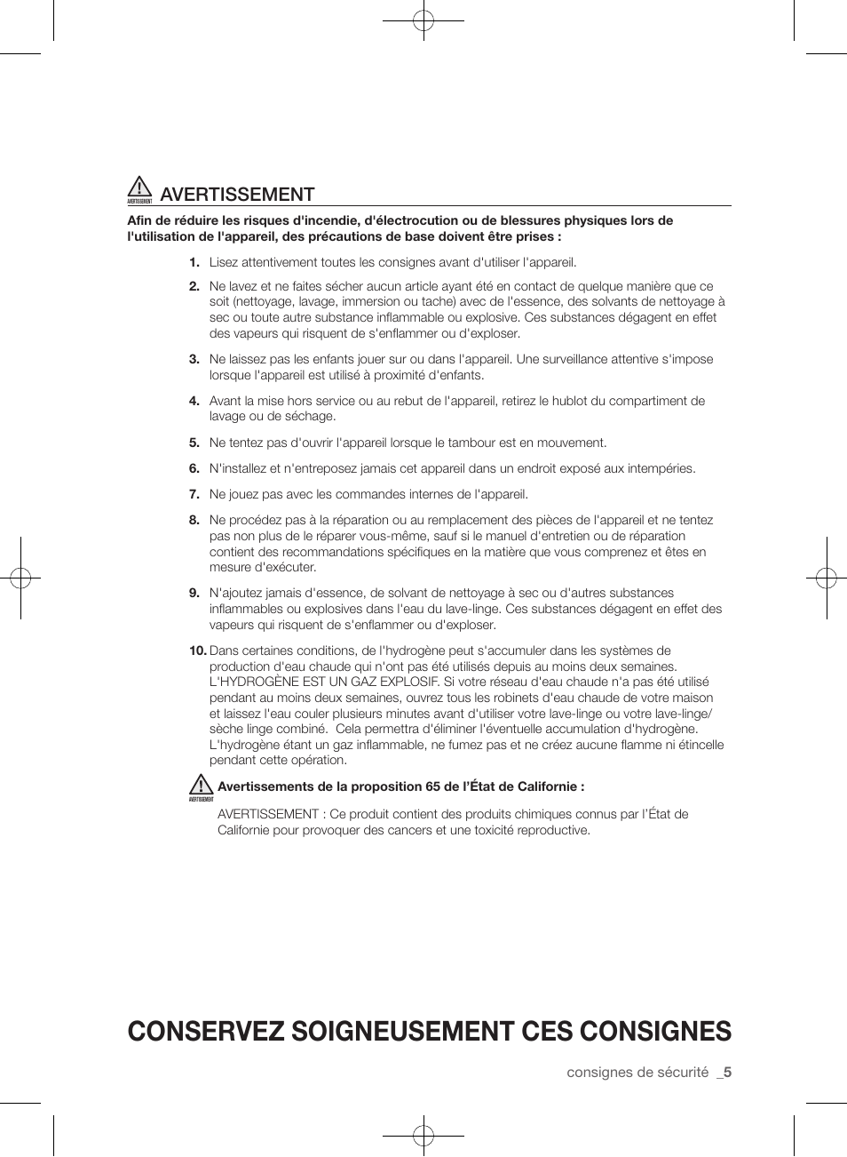 Conservez soigneusement ces consignes, Avertissement | Samsung WF433BTGJWR-A2 User Manual | Page 53 / 144