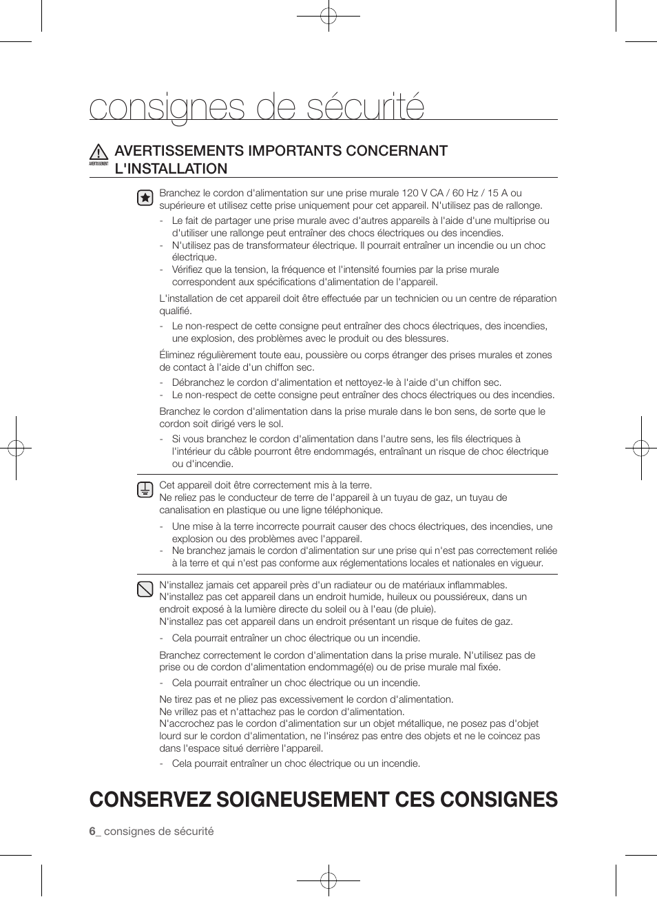 Consignes de sécurité, Conservez soigneusement ces consignes | Samsung WF433BTGJWR-A2 User Manual | Page 54 / 144